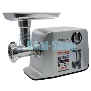 Мясорубка электрическая Sakura SA-6426 Professional серый, 3000 Вт, 2.5 кг/мин, реверс, защита от перегрузки, насадки - 5