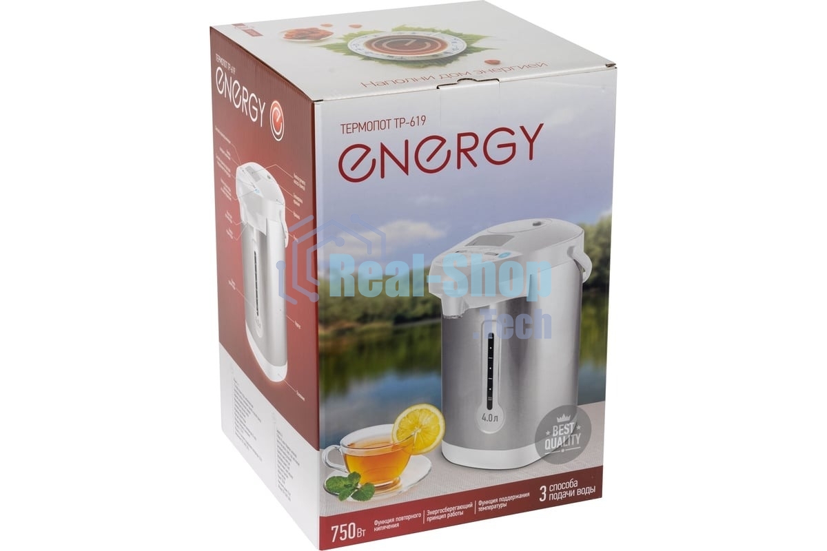 Термопот Energy TP-619 (280307) Мощность: 750 Вт Объем: 4 л Мощность в режиме поддержания температуры: 35 Вт 3 способа подачи воды: автоматическая (нажатием кнопки, нажатием чашкой) и ручная (помпа) Функция поддержания температуры Функция повторного кипячения Быстрое кипячение воды Энергосберегающий принцип работы Скрытый нагревательный элемент нержавеющая стальная колба Съемный шнур питания (длина шнура - 1 м) Индикатор уровня воды Состав (материал): металл, пластмасса