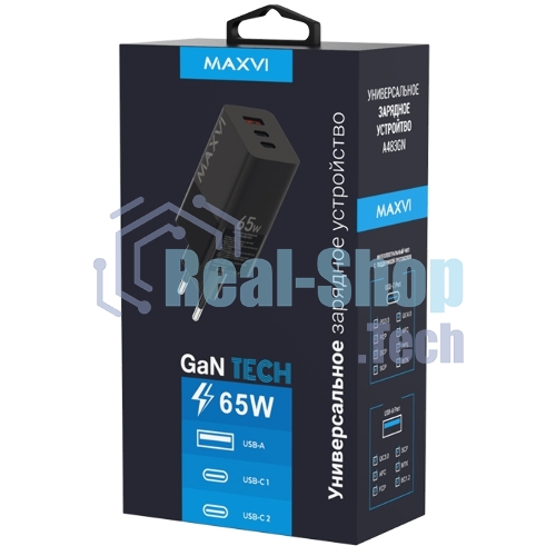 Сетевое зарядное устройство Maxvi A483GN 65W, 1xUSB-A, 2xUSB-C, черный
