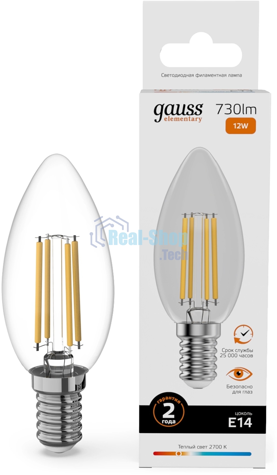 Лампа светодиодная филаментная Gauss Filament 12Вт цок.:E14 свеча св.свеч.бел.теп. (упак.:10шт)