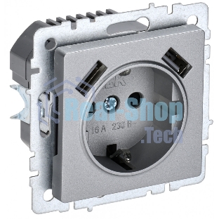 Розетка 1-местная IEK BRITE РЮш10-2-БрА (BR-R14-16-U21-D31-K47) с заземлением, с защитными шторками, 16А, с USB A+A 5В 3,1А, алюминий