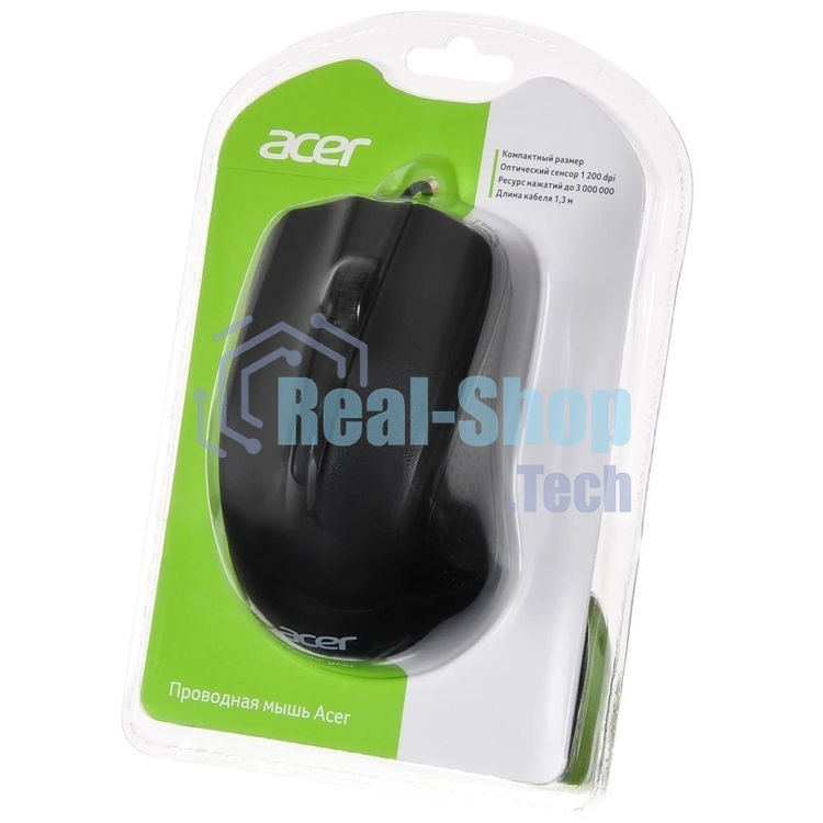 Мышь проводная Acer OMW010 черный, 1200 dpi, USB, кнопки - 3