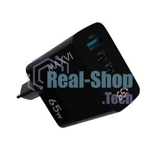 Сетевое зарядное устройство Maxvi A583GN Type-C 65W + Type-C 40W + USB 22W, GAN, PD, QC, LED дисплей, черный