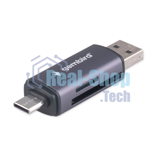 Кард-ридер Gembird FD2-MSD-6/серый/TF/Micro-SD/Micro-SDHC/Micro-SDXC/SD/USB Type-C/USB (OTG)/алюминий