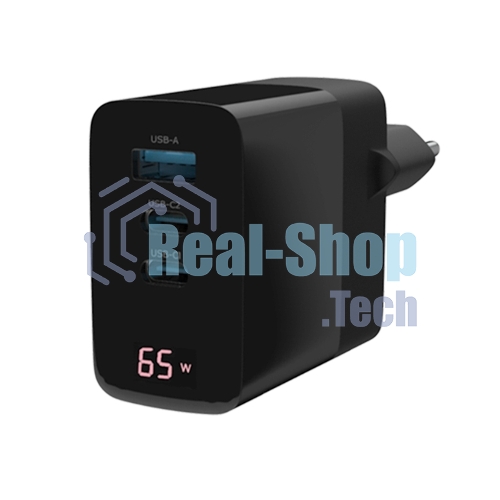 Сетевое зарядное устройство Maxvi A583GN Type-C 65W + Type-C 40W + USB 22W, GAN, PD, QC, LED дисплей, черный