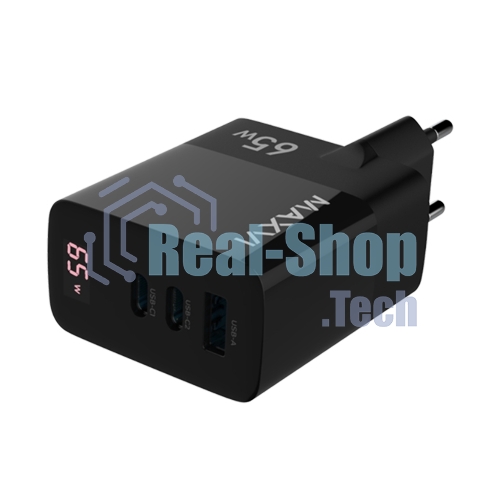 Сетевое зарядное устройство Maxvi A583GN Type-C 65W + Type-C 40W + USB 22W, GAN, PD, QC, LED дисплей, черный