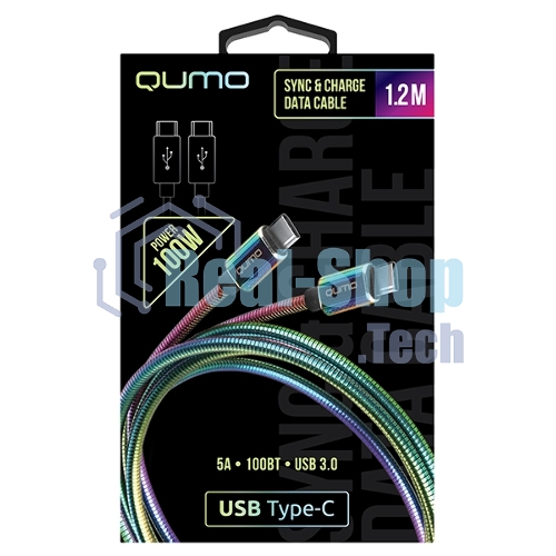 Кабель Qumo, Type С - Type C, USB 3.0, 1,2м, 5-20В, 5А, 100 Вт, опл. металл. пружинка, кон. металл, rainbow