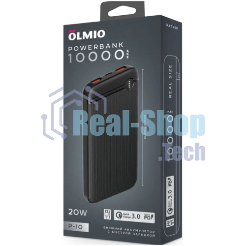 Портативный аккумулятор OLMIO P-10, 10000mAh, 20W, QuickCharge3.0/PowerDelivery, черный