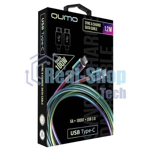 Кабель Qumo, Type С - Type C, USB 3.0, 1,2м, 5-20В, 5А, 100 Вт, опл. металл. пружинка, кон. металл, rainbow
