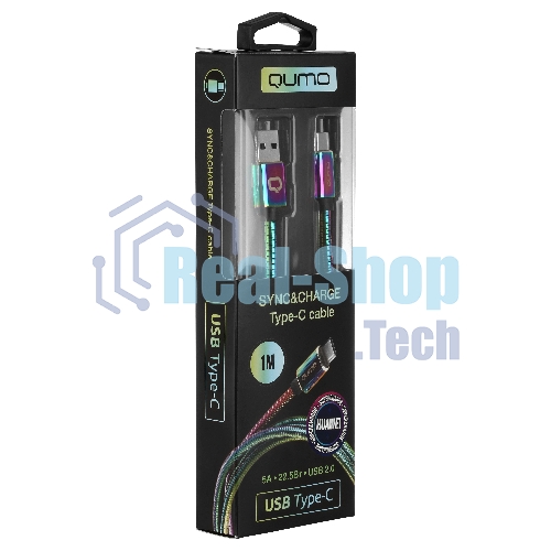 Кабель Qumo, USB 2.0-Type C, 1м, 5/9/12В, 5A, 22.5Вт (Huawei FCP и SCP), опл. металл. пружинка, кон. металл, rainbow