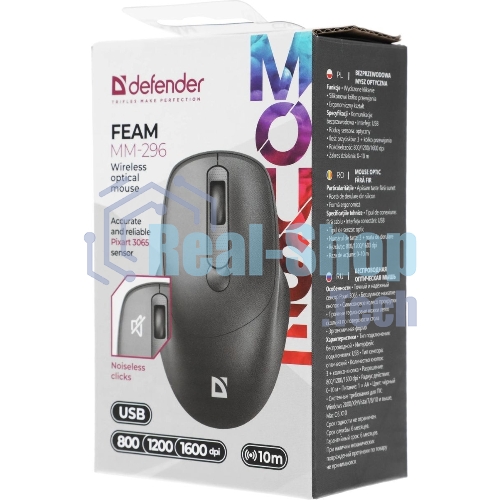 Мышь беспроводная Defender Feam MM-296 черный, 1600 dpi, радиоканал, USB, кнопки - 4