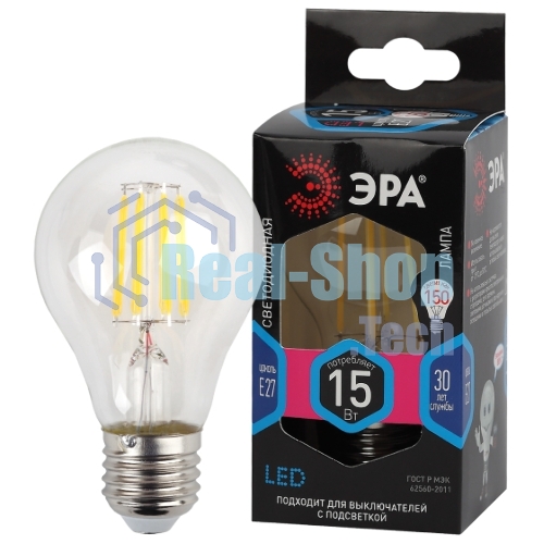Лампа светодиодная ЭРА F-LED A60-15W-840-E27 Е27/Е27 15Вт филамент груша нейтральный белый свет