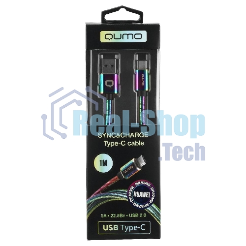 Кабель Qumo, USB 2.0-Type C, 1м, 5/9/12В, 5A, 22.5Вт (Huawei FCP и SCP), опл. металл. пружинка, кон. металл, rainbow
