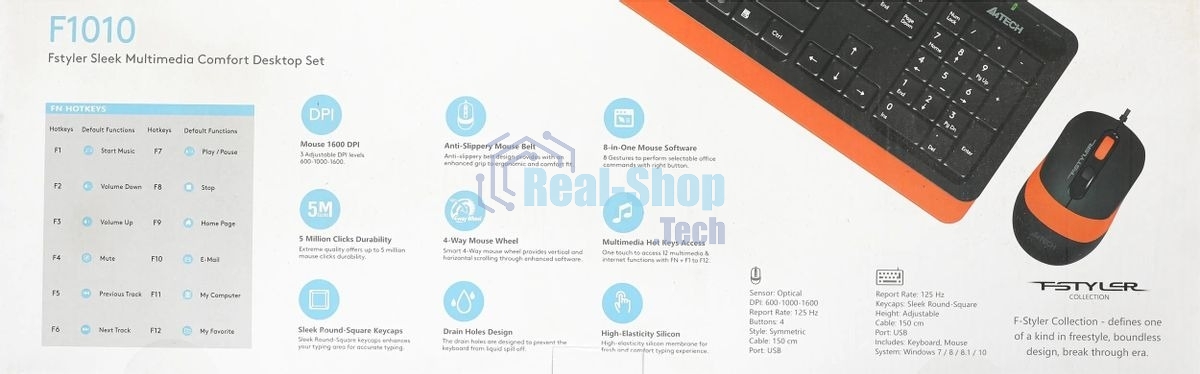 Комплект клавиатура+мышь A4Tech FStyler F1010 проводной, USB, 1600 DPI, чёрный/оранжевый