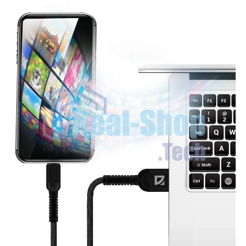 Кабель Defender F167, USB 2.0 (AM) - Type-C, 1 м, 2.4А, нейлоновая оплетка, черный.