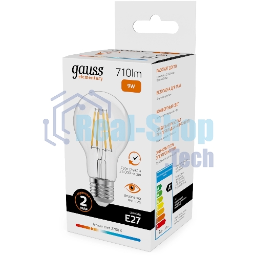 Лампа светодиодная филаментная Gauss Filament 9Вт цок.: E27 груша св. свеч. бел. теп. (упак.: 10 шт)