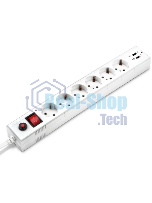 Удлинитель с сетевым фильтром Buro 6х5 м с заземл. 10А IP20 BU-SP5 USB 2A-W CCA белый