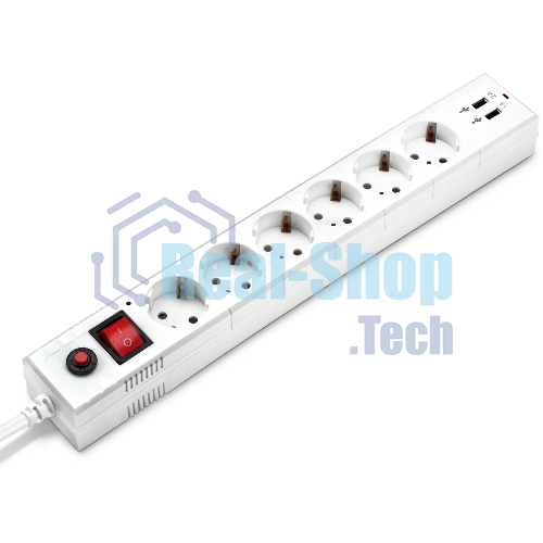 Удлинитель с сетевым фильтром Buro 6х5 м с заземл. 10А IP20 BU-SP5 USB 2A-W CCA белый