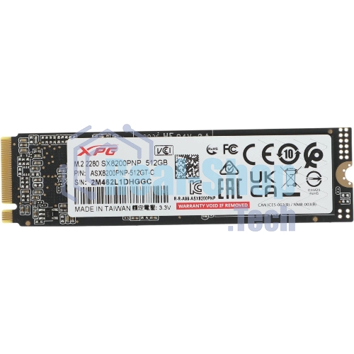 Накопитель SSD XPG SX8200 Pro, 512 Gb, PCIe 3.0 x4, M.2 2280, NVMe, R/W 3350/2350, с радиатором