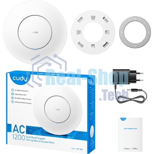 Точка доступа Cudy AC1200 Dual Band Gigabit Ceiling Mount Access Point, MT7621DAN+MT7613B+MT7603E, 867Mbps at 5GHz + 300Mbps at 2.4GHz, 1 x GbE RJ45 Port, Support 12V DC or 802.3af PoE or Passive PoE, Internal Antennas, 48V passive PoE adapter included, Cudy Mesh Support