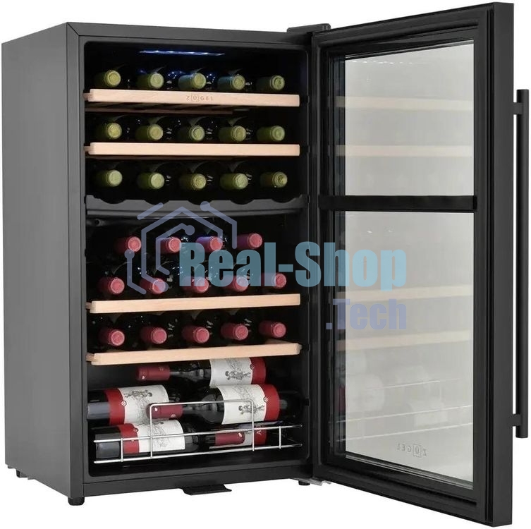 Винный шкаф ZÜGEL ZCWF331DB черный, 88 л, 2 отсека, 33 бут.