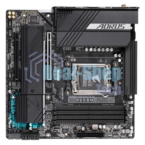 Материнская плата Gigabyte B650M AORUS ELITE AX, AM5, AMD B650, 4xDDR5, 4xSATA, 2xM.2, 1xPCI-E 5.0 x4, 1xPCI-E 4.0 x16, 1xHDMI, 1xDP, 1x 2.5Gb LAN, 4xUSB-A 2.0, 5xUSB-A 3.2 Gen 1, 2xUSB-A 3.2 Gen 2, 1xUSB-C 3.2 Gen 2, 2x3.5 мм, 7.1, Micro-ATX