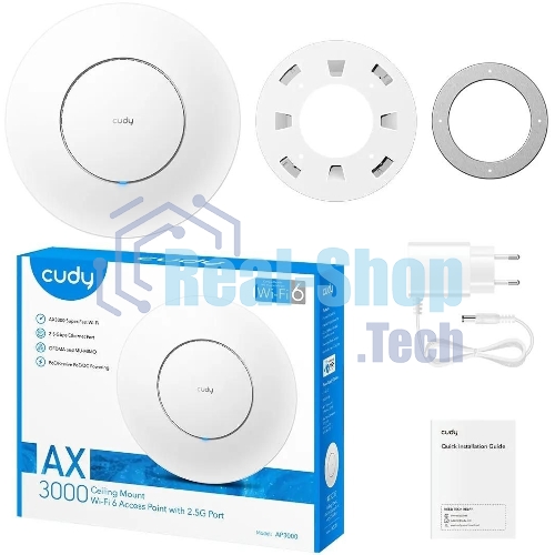 Точка доступа AX3000 Dual Band Ceiling Mount Wi-Fi 6 Access Point, Chipset MT7981, 802.11ax/ac/a/b/g/n, 2402Mbps at 5GHz + 574Mbps at 2.4GHz, 1 x 2.5G RJ45 Port, MU-MIMO, Support 12V DC or 802.3at PoE or Passive PoE, Internal Antennas, 48V passive PoE adapter included, Cudy Mesh Support