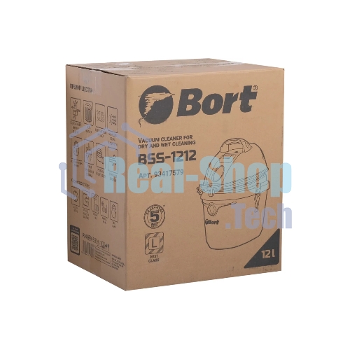Строительный пылесос Bort BSS-1212 (93417579) синий, 220/1200 Вт, уборка сухая/влажная, пылесборник мешок/контейнер, 12 л