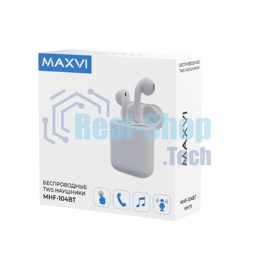 Наушники TWS Maxvi MHF-104BT белый, вкладыши, Bluetooth, сенсорное управление, до 4 ч