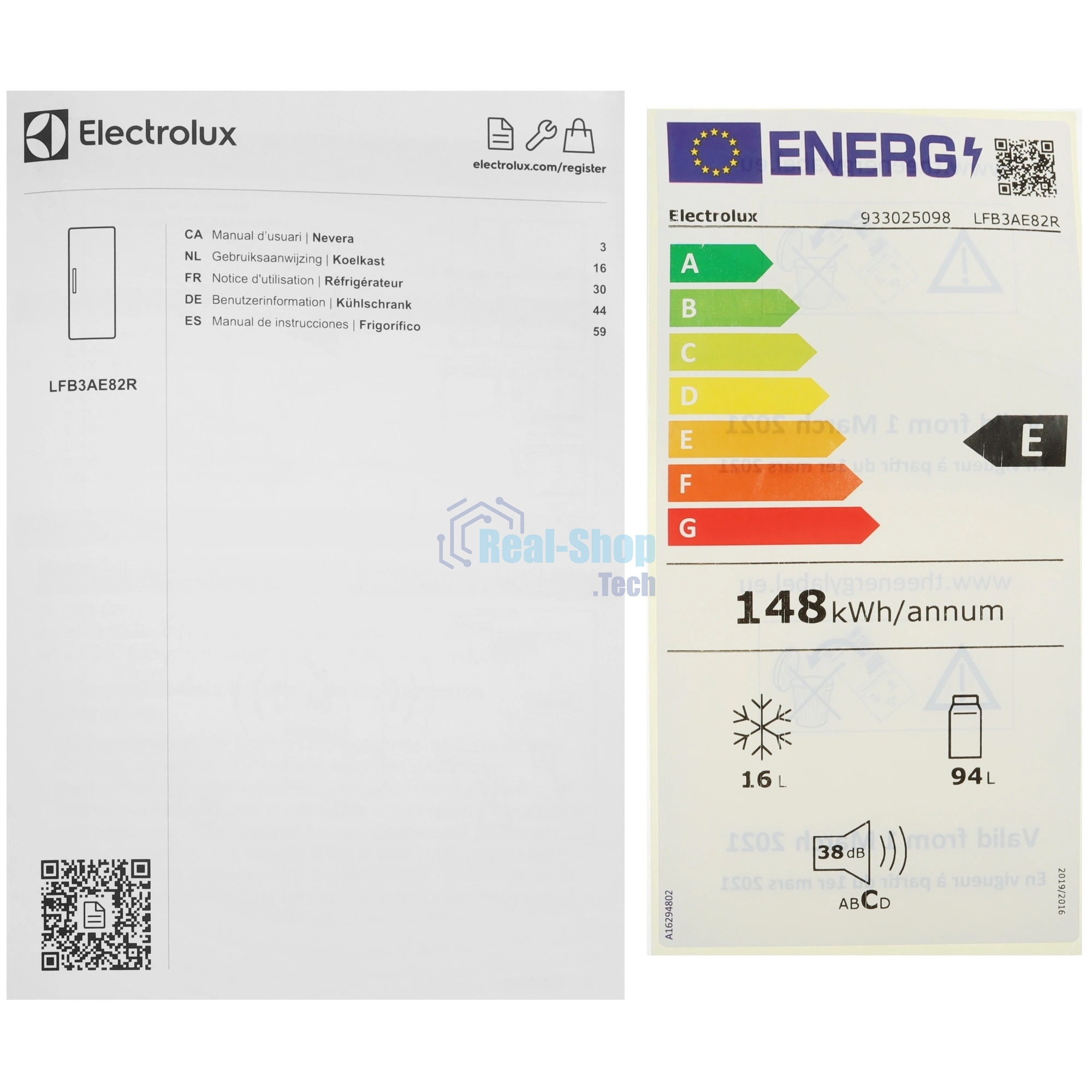 Встраиваемый холодильник Electrolux LFB3AE82R c МК, объем МК 16 л, полезный объем холодильника 94 л, механическое управление, В=82см, Ш=56 см, статическая система, крепление дверцы на направляющих, класс энергопотребления - А++.