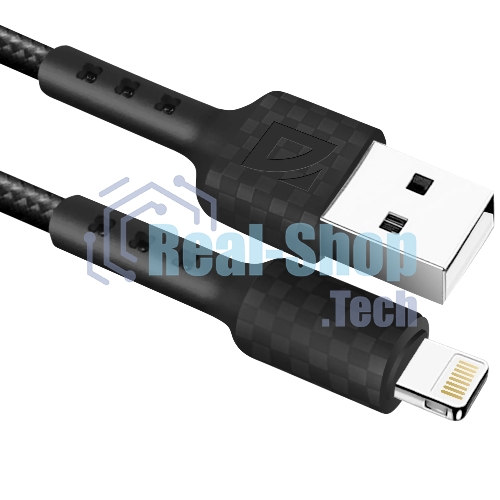 Кабель Defender F181, USB 2.0 (AM) - Apple Lightning (M), 1 м, 2.4А, нейлоновая оплетка, черный.