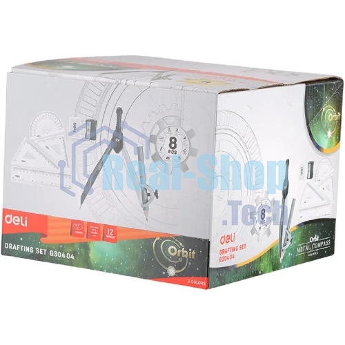 Циркуль Deli EG30404, корпус ассорти, металл, в комплекте: линейка/транспортир/2 угольника/карандаш/ластик/точилка