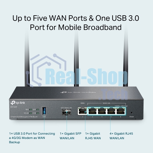 VPN-маршрутизатор TP-Link ER706W Omada с гигабитными портами и поддержкой Wi-Fi AX3000, 1 гиг. SFP WAN/LAN, 1 гиг. RJ45 WAN, 4 гиг. RJ45 WAN/LAN, USB 3.0, до 574 М/с на 2,4 ГГц + до 2402 М/с