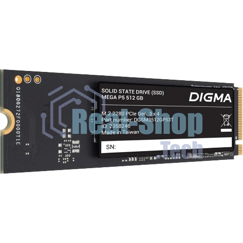 Накопитель SSD Digma Mega P5 DGSM3512GP53T, 512Gb, PCIe 3.0 x4, M.2 2280, NVMe, R/W 2900/2000