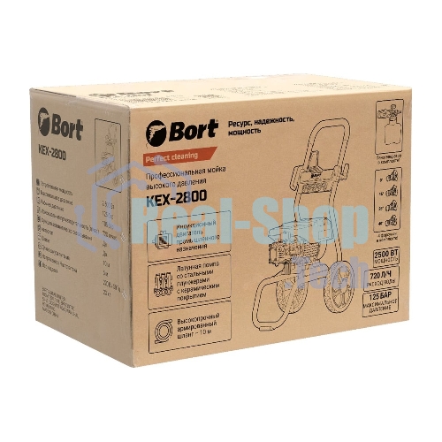Мойка высокого давления Bort KEX-2800 2500 Вт, максимальное давление 125 бар, рабочее давление 105 бар, 12 л/мин, 23 кг, набор аксессуаров 10шт