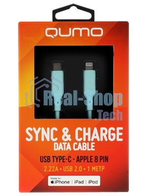 Кабель QUMO, MFI С94, Type-C на MFI Apple 8 pin, силиконовый, 1м, 2,22A, 9V, 20W, PD (голубой)