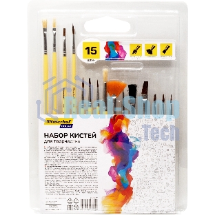 Набор кистей Silwerhof Color (набор 15шт) пони круглая №1,2,3,4,5/плоская №1/2, 1/4, 4/круглая №3,5/плоская №1/2, 4, 8/синтетика веерная №4