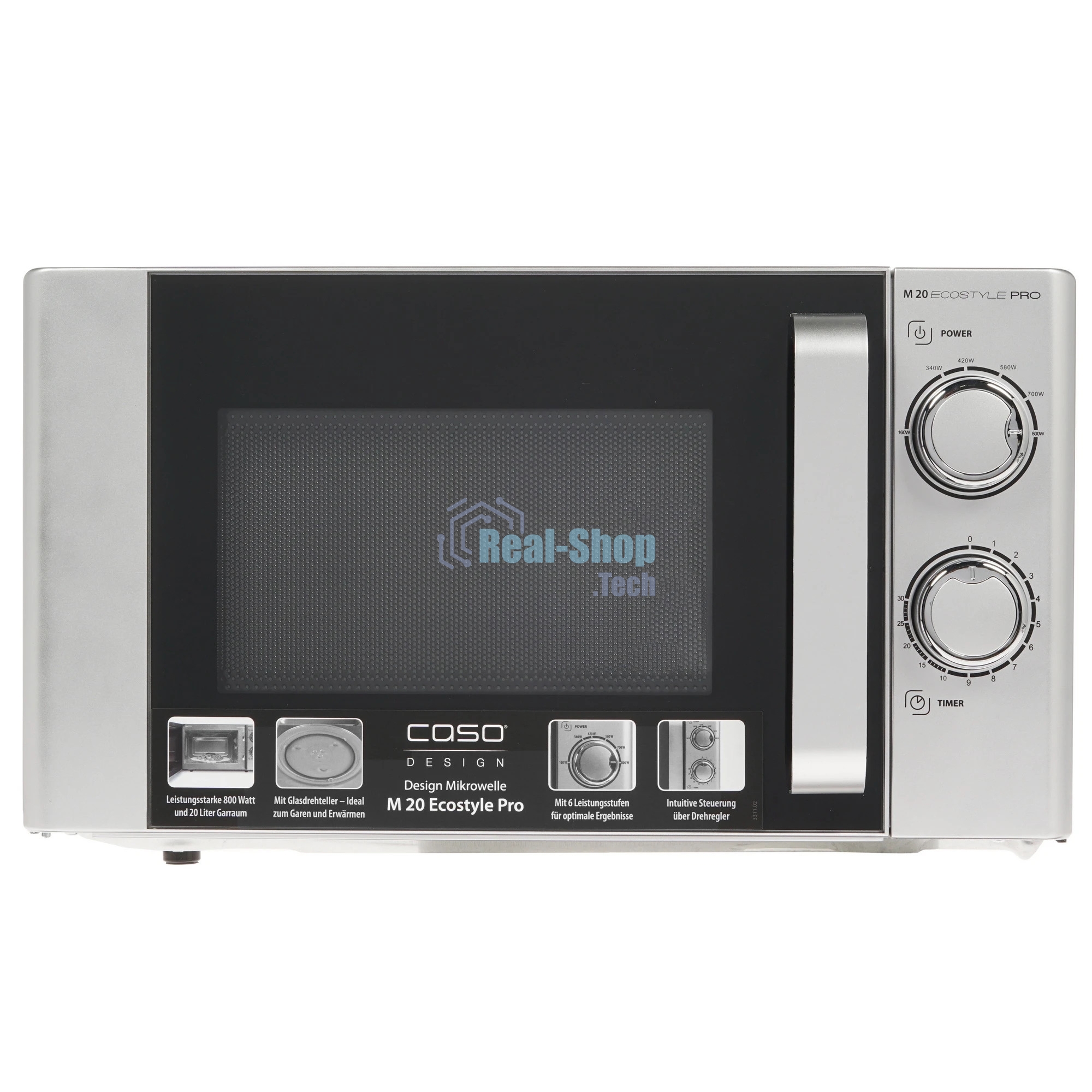 Микроволновая печь CASO M 20 Ecostyle Pro серебристый/черный, 20 л, 800 Вт, переключатели - поворотный механизм