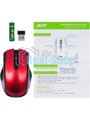Мышь беспроводная Acer OMR032 черный/красный, 1600 dpi, радиоканал, USB, кнопки - 4