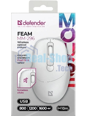 Мышь беспроводная Defender Feam MM-296 белый, 1600 dpi, радиоканал, USB, кнопки - 4