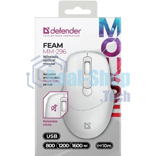 Мышь беспроводная Defender Feam MM-296 белый, 1600 dpi, радиоканал, USB, кнопки - 4