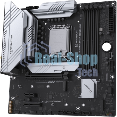 Материнская плата Maxsun Terminator B760M D5 WIFI, LGA 1700, Intel B760, 4xDDR5, 4xSATA, 3xM.2, 1xPCIe 5.0 x16, 1xPCIe x4, 1xPCIe x1, 1xHDMI, 1xDP, 1x 2.5Gb LAN, 6xUSB 2.0, 2xUSB 3.2 Gen 2, 3x3.5 мм, 5.1, mATX