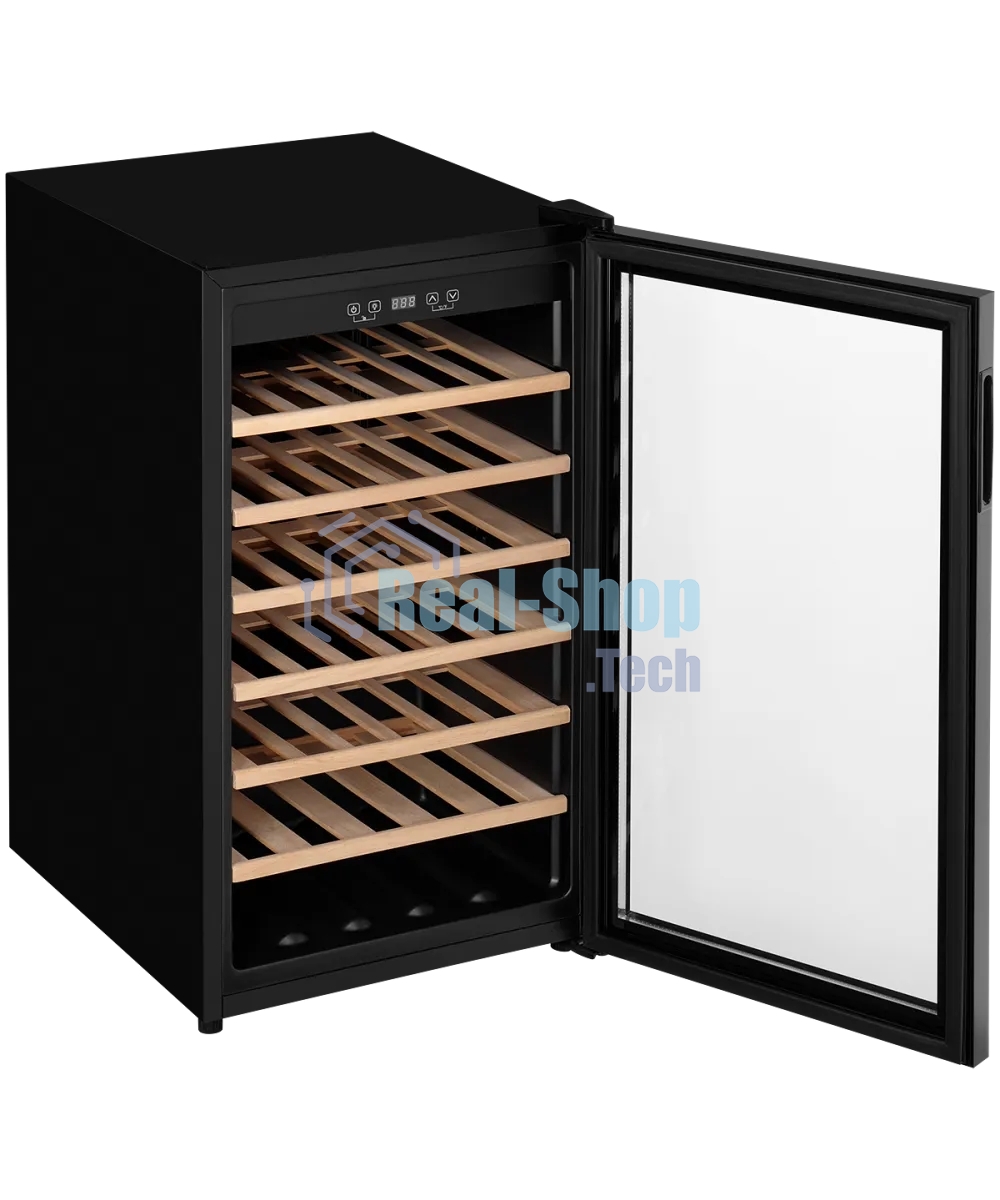 Винный шкаф Kuppersberg RSW 82, отдельностоящий, High-Tech, объем 128 л, вместимость 40 бутылок, диапазон температуры 5-20 градусов, механическое открытие двери, 6 полок из бука, LCD дисплей, уровень шума 38 дБ, черный
