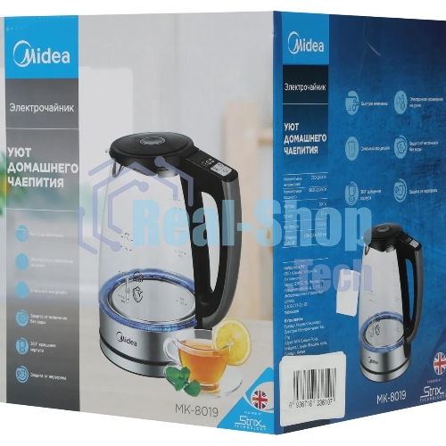 Чайник электрический Midea MK-8019, мощность 2200 Вт, объем 1.7 л, цифровой дисплей, регулировка температуры нагрева, 6 режимов нагрева, поддержание температуры, подсветка