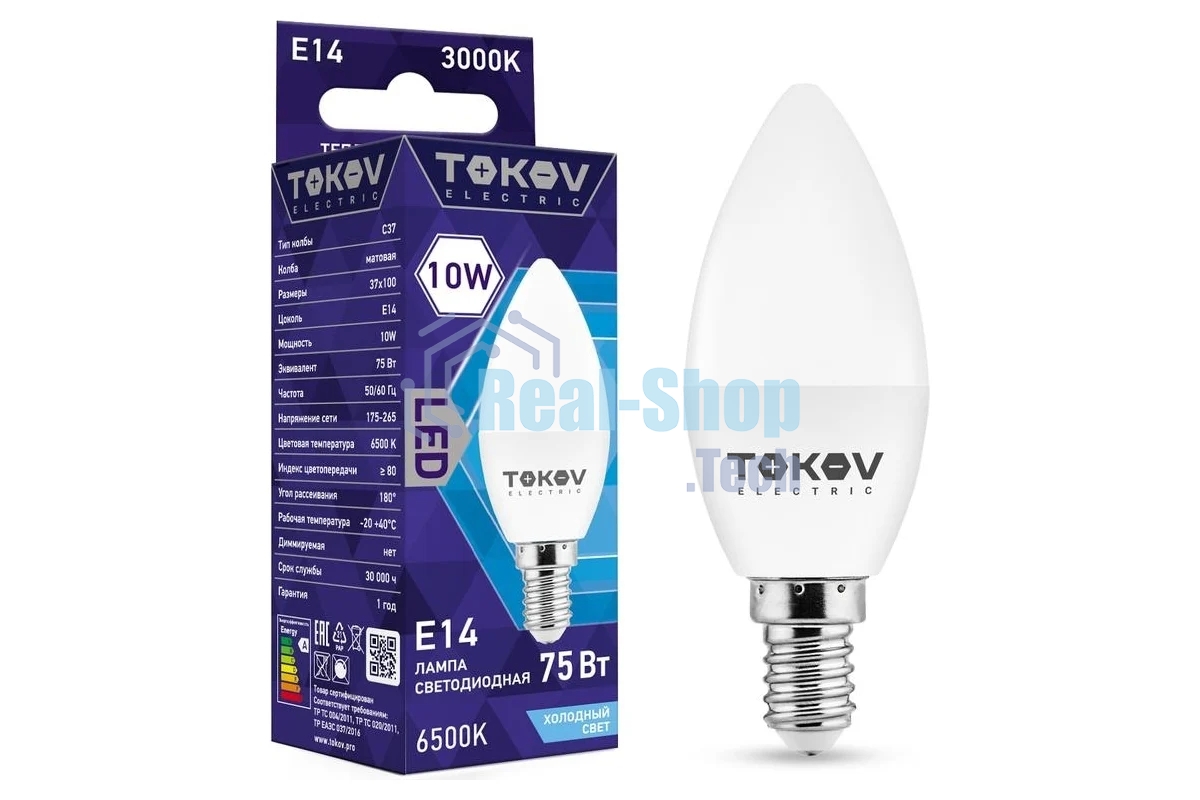 Лампа светодиодная TOKOV ELECTRIC 10Вт С37 6500К Е14 176-264В