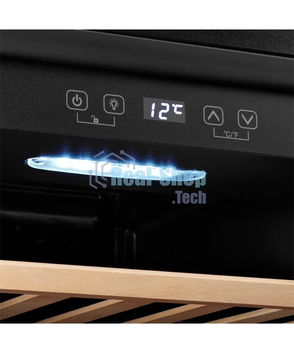 Винный шкаф Kuppersberg RSW 82, отдельностоящий, High-Tech, объем 128 л, вместимость 40 бутылок, диапазон температуры 5-20 градусов, механическое открытие двери, 6 полок из бука, LCD дисплей, уровень шума 38 дБ, черный