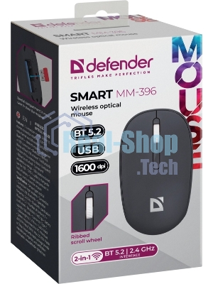Мышь беспроводная Defender Smart MM-396 черный, 1600 dpi, радиоканал, Bluetooth, USB, кнопки - 3