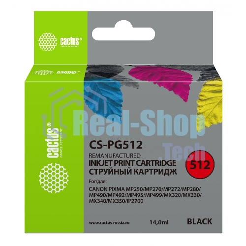 Картридж струйный Cactus CS-PG512 черный (14 мл) для Canon Pixma iP2700/MP240/MP250/MP260/MP270/MP272/MP280/MP480/MP490/MP492/MP495/MX320/MX330/MX340/MX350