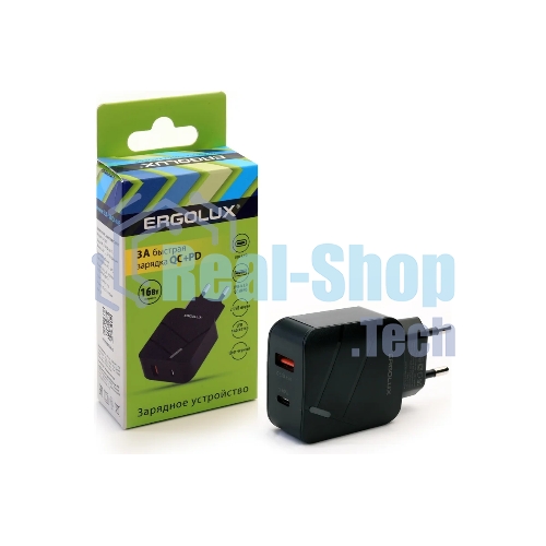 Сетевое зарядное устройство Ergolux ELX-РA01QC-C02 1USB+1Type C 100-220В 5-9В/3А QC коробка черный Ergolux