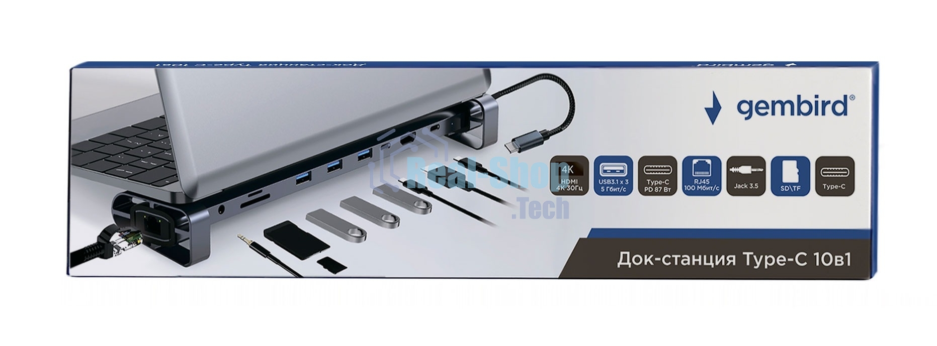 Док-станция Gembird UHB-D5, USB Type-C, 3xUSB 3.1, Type-C PD87W, Jack 3.5, SD/TF, HDMI, RJ45, USB Type-C, USB